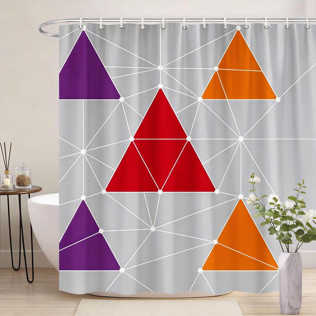 Modern Geometric Shower Curtain 180X180Cm – Red Black Gray Interlocking Shapes On White, Minimalist Bathroom Decor, 12 Hooks