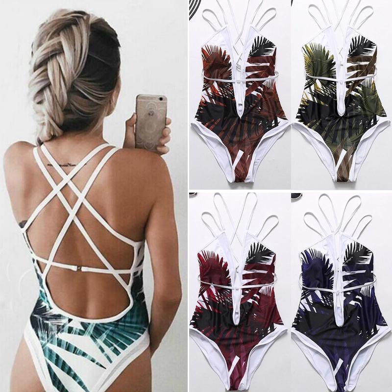 Damen Eleganter Floralprint Tiefes V-Ausschnitt Rückenfrei Bandage Badeanzug Einteiler