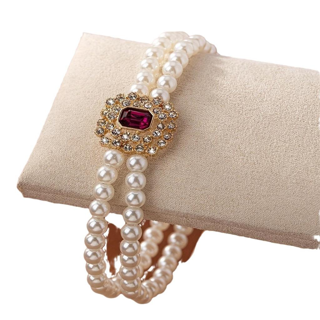Foreign Trade, High-end Double-layer Imitation Pearl Bracelet Temperament Diamond-set Geometric Women's Jewelry
