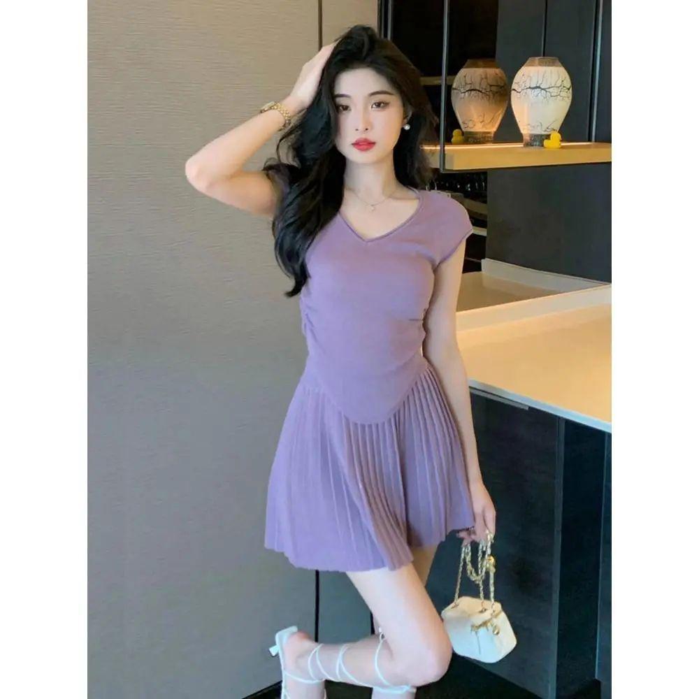 

Petite Women s A-line Pleated Skirt & Short-Sleeve T-shirt Set - Summer Fashion New Arrivals S фиолетовый