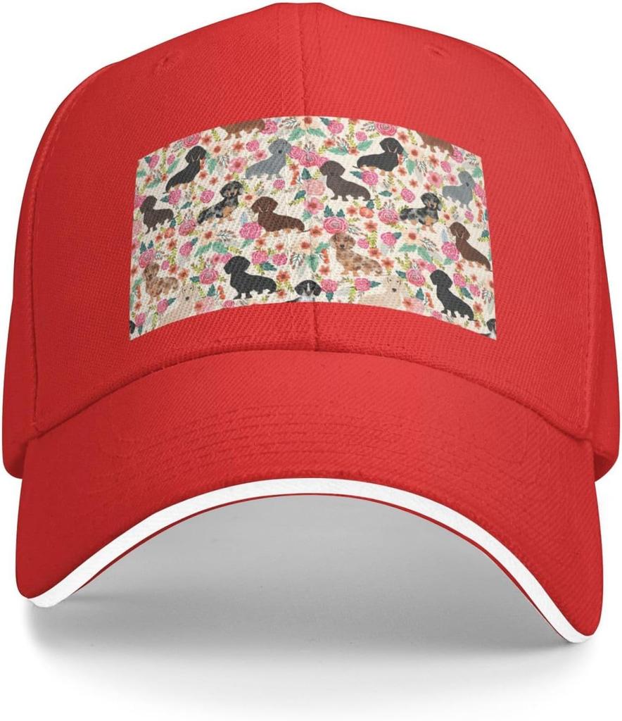 Dachshund Floral Print Baseball Cap Adjustable Polyester Casual Outdoor Sport Cap for Adults