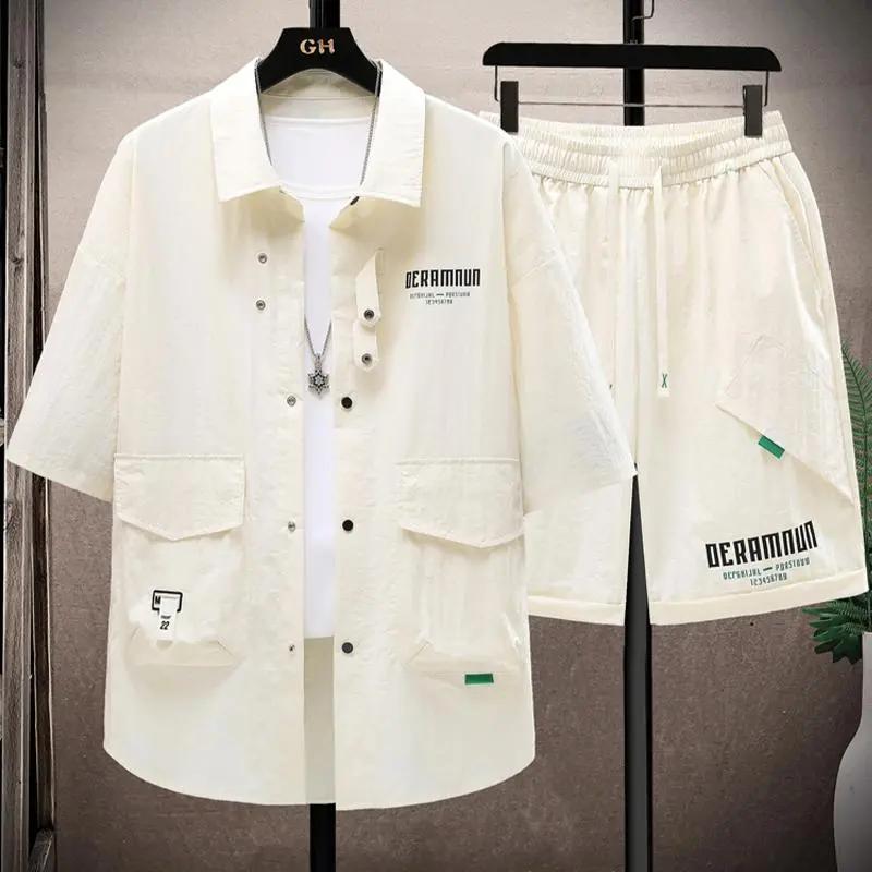 Men's Summer Handsome Workwear Suit Youth Short-sleeved Shirt + Shorts Casual Two-piece Set