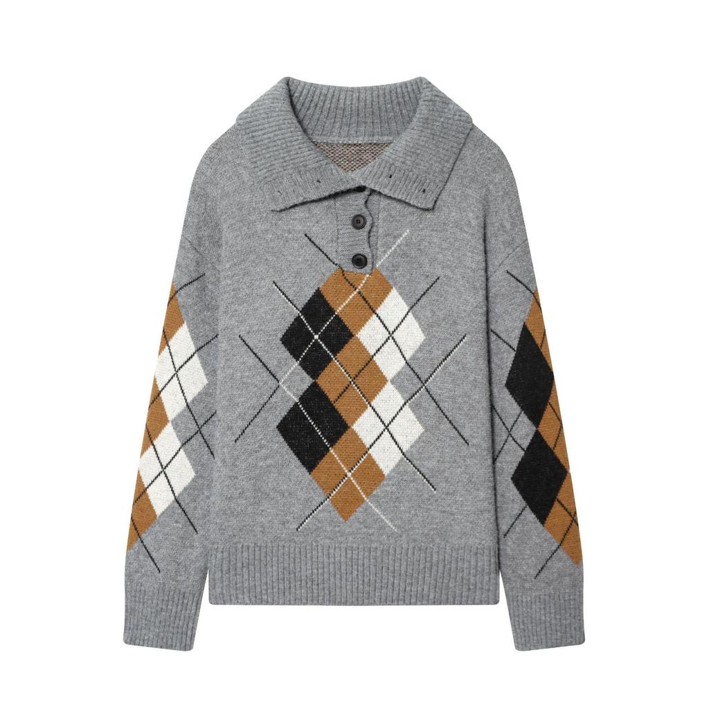 Retro Plaid Polo Collar Sweater - 2026 Autumn/Winter Fashionable Knit Top