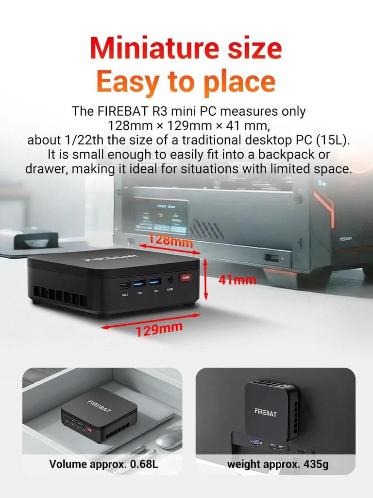 FIREBAT R3 AMD Ryzen7 7730U Mini Pc 16GB LPDDR4 512GB SATA SSD WIFI6 BT5.2 Gaming Desktop MINI Computer