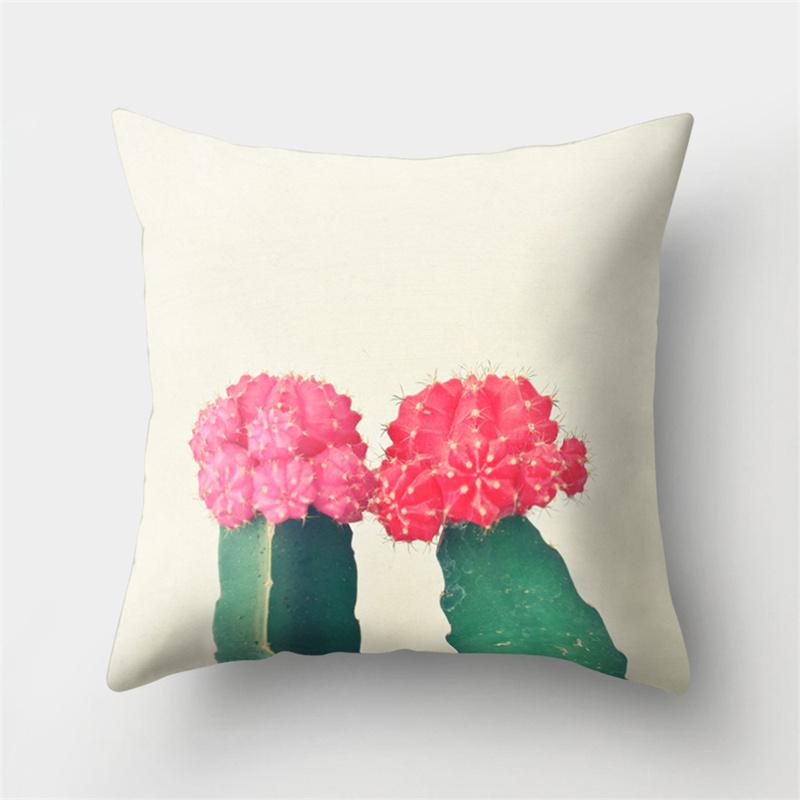 Green Cactus Leaf Plant Pink Flower Potted Plant Cushion Pillow Cover Sofa Bedroom Decorative Pillow Cover