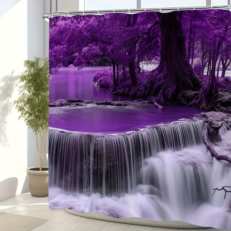 4pcs Purple Hot Spring Waterfall Shower Curtain Set Waterproof Fabric Bath Curtain with 12 Hooks Non Slip Rug U Shaped Mat Toilet Cover Bathroom Decor