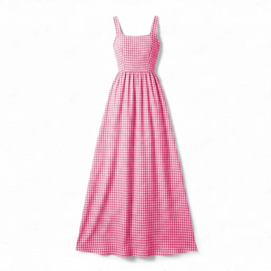 Women Casual Loose Fit Sleeveless Dress Square Neck A-Line Long Maxi Dress with Checkered Pattern Summer Sundress