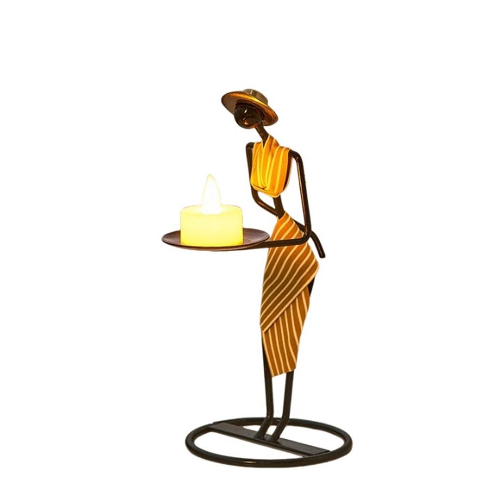 African-Inspired Tea Light Candle Holder with Metal Art Girl Figure A Type