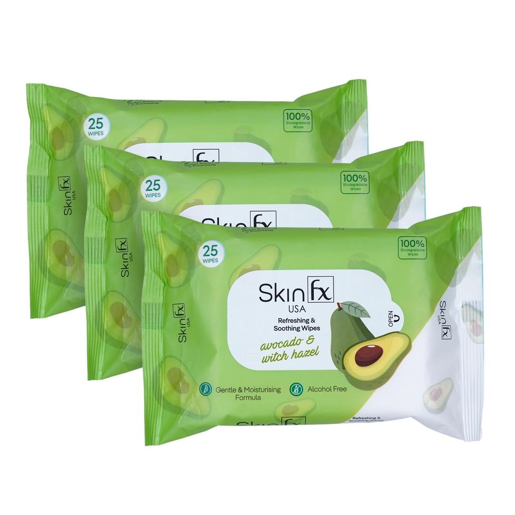Skin Fx Daily Cleansing Facial Wipes for Women - Pack of 3 (25 Wipes Each) | Hydrating & Refreshing Wet Face Wipes with Avocado, Vitamin E & Witch
