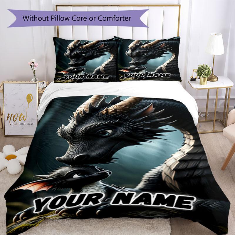 3PC Custom Name Dragon Moment Bedding Set Duvet Cover Closure Includes 1 Duvet Cover & 2 Pillowcases for Bedroom
