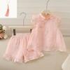 Girls Summer New Chinese Embroidered Floral Shirt And Shorts Two Piece Set Kids Outfit