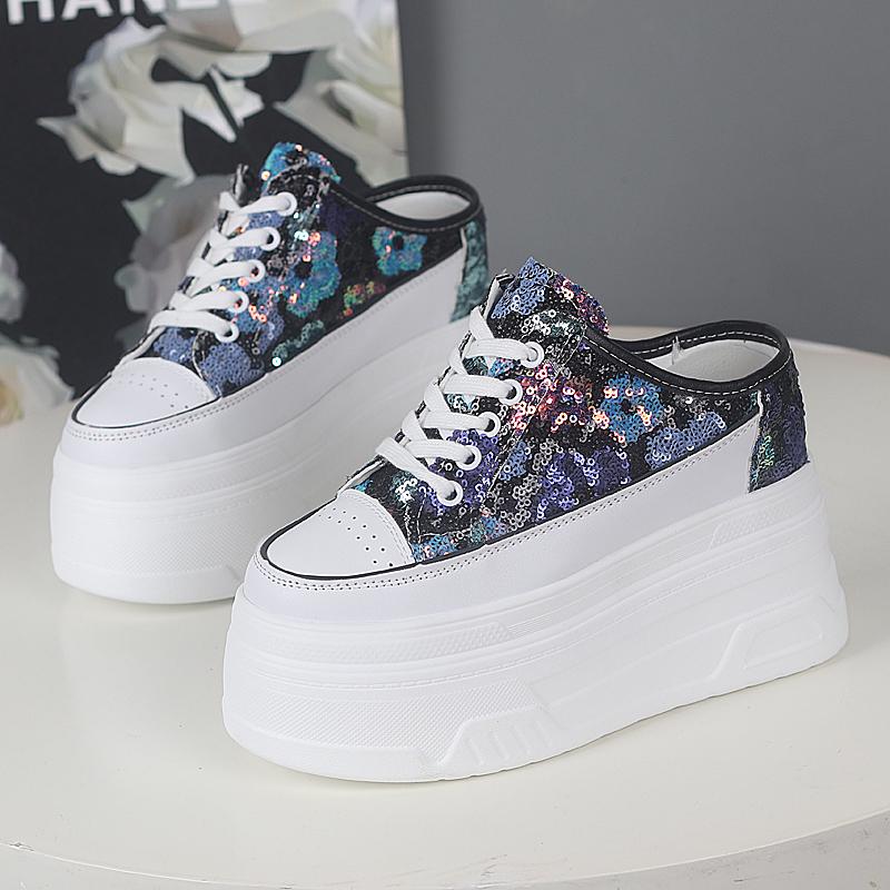 Fashion 12CM Platform Slippers Wedge Shoes Women Summer Platform High Sequined Slipper Air Mesh Breathable Women Summer Shoes