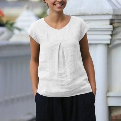 Summer New Women's Tops Casual Loose Solid Color Short-sleeved V-neck Cotton and Linen Women's T-shirts