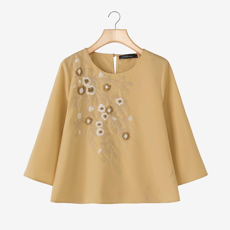 

ZANZEA Женская повседневная блузка с круглым вырезом и рукавами 3/4, свободного кроя, с вышивкой 4XL хаки