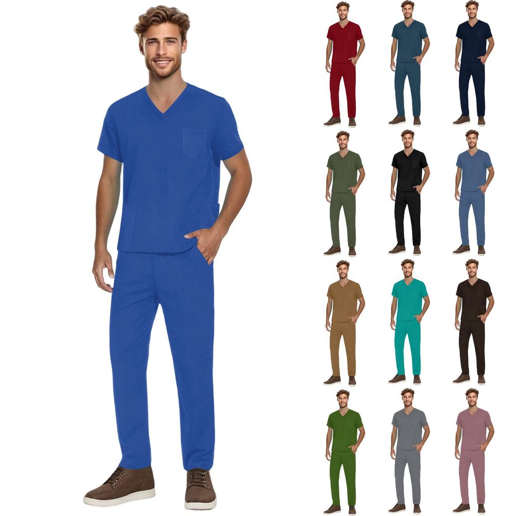 Men's Short-sleeved V-neck Solid Color Printed Breast Pocket Care Top Elastic Waist Trousers Two-piece Work Suit