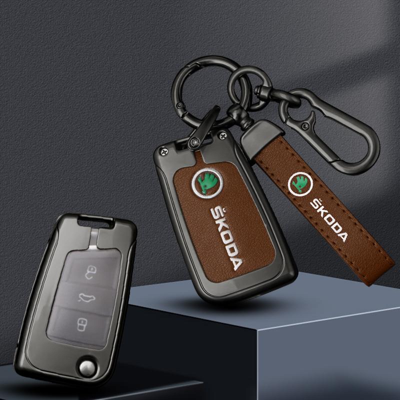 Zinc Alloy Leather Car Flip Remote Key Fob Case Cover Bag For Skoda Octavia Kodiaq Karoq Protector Shell Keychain Accessories EH4