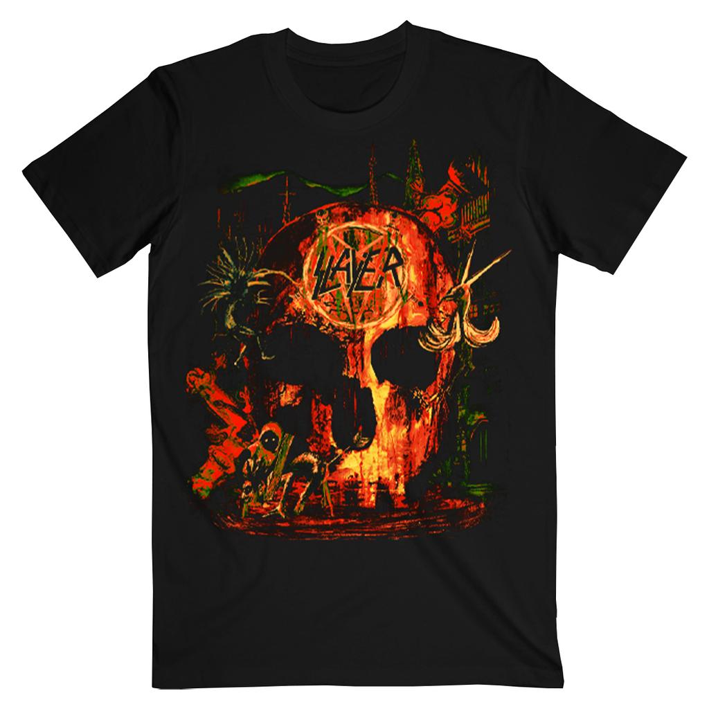 Mroczna Koszulka Graficzna Slayer – Czerwone Logo i Nadruk Czaszki/Orła Antysymbol Bawełniana Odzież dla Fanów Thrash Metalu