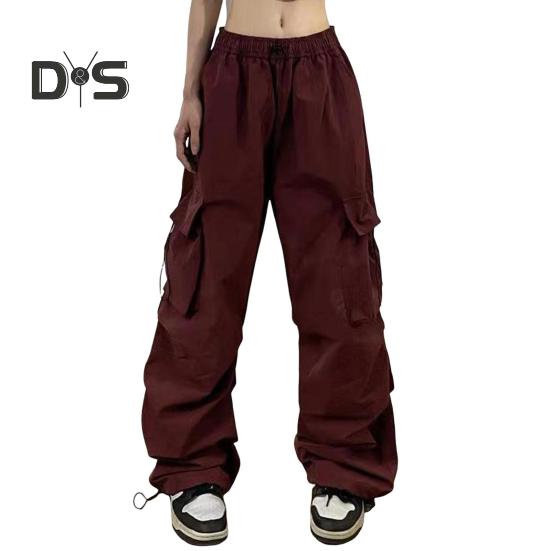 

Жіночі штани-карго з еластичною талією, середньою посадкою, швидковисихаючі довгі штани, одноколірні широкі спортивні штани з кількома кишенями L вина червоного кольору