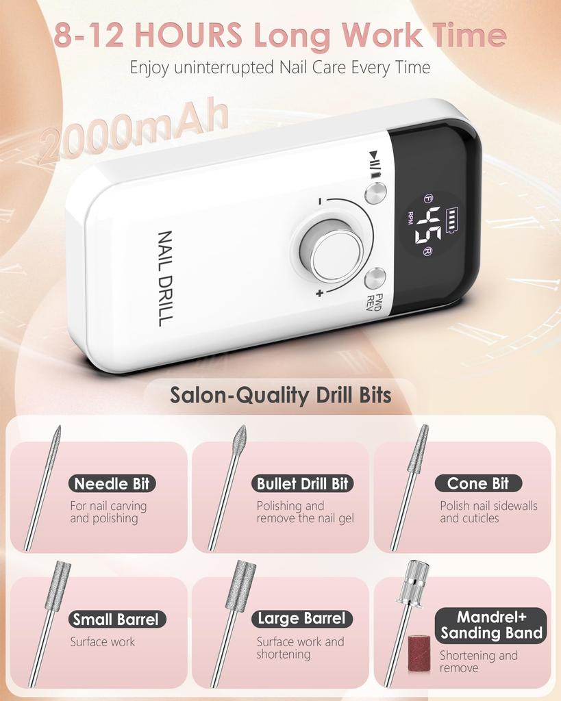 Electric Nail Drill Professional: 45000 RPM Portable Rechargeable Nail Drills Machine with 6 Bits, Drill para Uñas E File for Ac