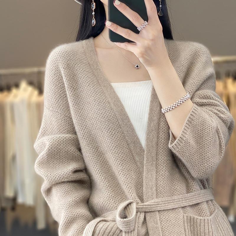 Autumn and winter high-end sweater cardigan jacket women's medium and long buckle-free lace-up loose lazy style versatile knitted jacket