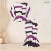 Women Plus Size Black White Printed Round Neck Batwing Sleeve Ruffle Hem Top Fishtail Skirt Two Piece Set