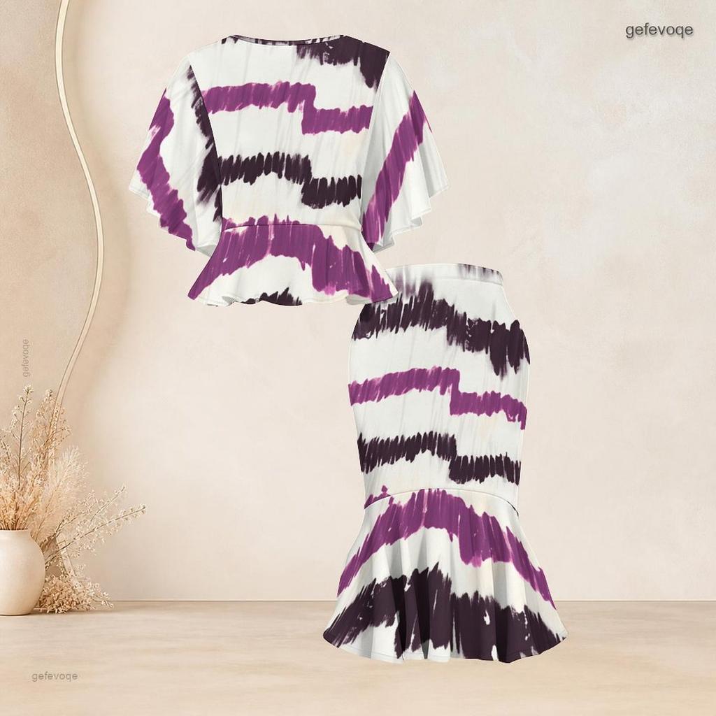 Women Plus Size Black White Printed Round Neck Batwing Sleeve Ruffle Hem Top Fishtail Skirt Two Piece Set