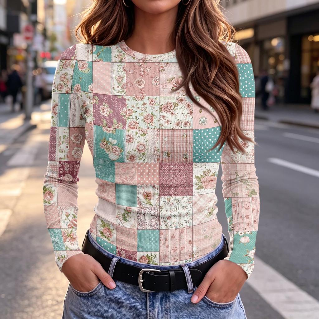 Women's Slim Fit Plaid Floral Print Long Sleeve Round Neck T-Shirt for Casual Wear