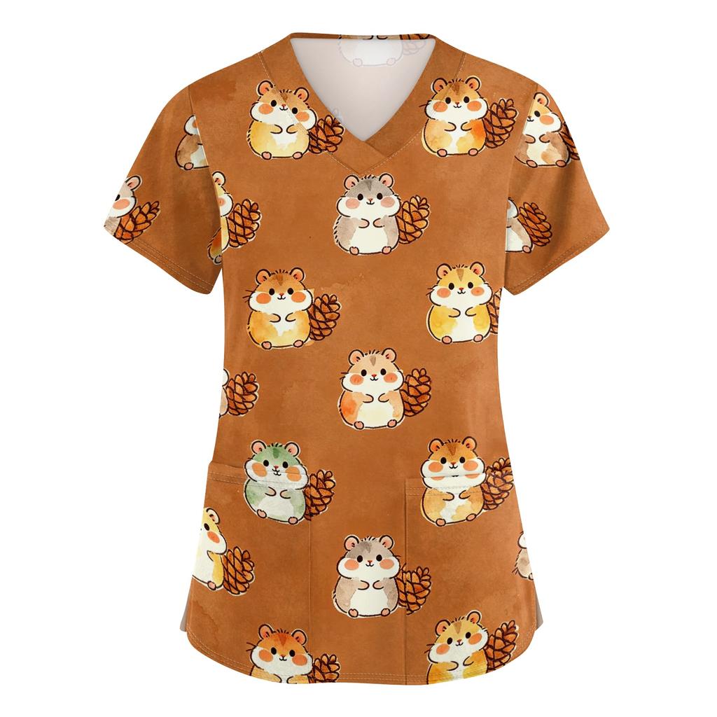 Women's V Neck Short Sleeve Work Shirt with Pockets Animal Print Top Medical Uniform Scrub Tee for Healthcare Professionals