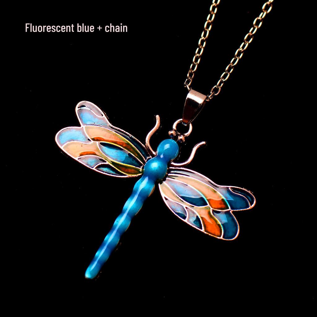 Silver Dragonfly Necklace with Luminous Butterfly - Retro Forest-Inspired