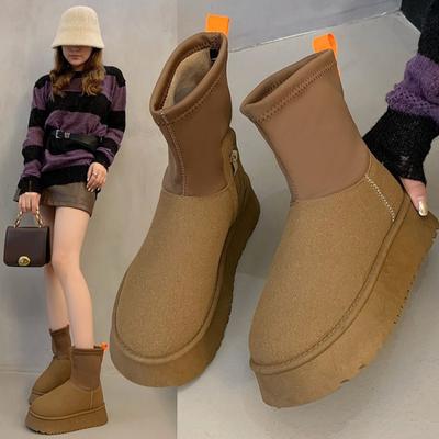 2024 Winter Dames Sneeuwlaarzen Nieuwe Dikgezoolde Pluche Warme Mid-kuitlaarzen Veelzijdige Casual Effen Kleur Comfortabele Dameslaarzen