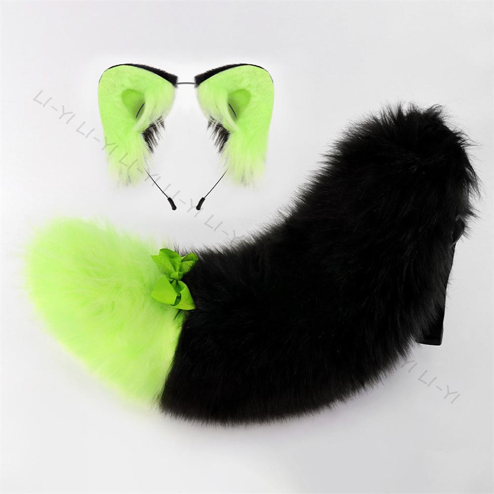Plüsch-Tierohren-Haarreif & Schwanz-Set mit Schleife, Flauschige Handgefertigte Ohren für Kawaii Lolita Cosplay Kostüm, Niedliche Pelzige Accessoires ear and tail green