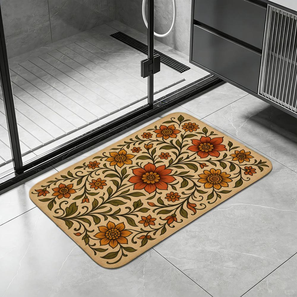 Pattern Persian Floral Scroll Floor Mat Diatomite Bath Mat, Quick Dry, Absorbent, Multi-Scene Mat