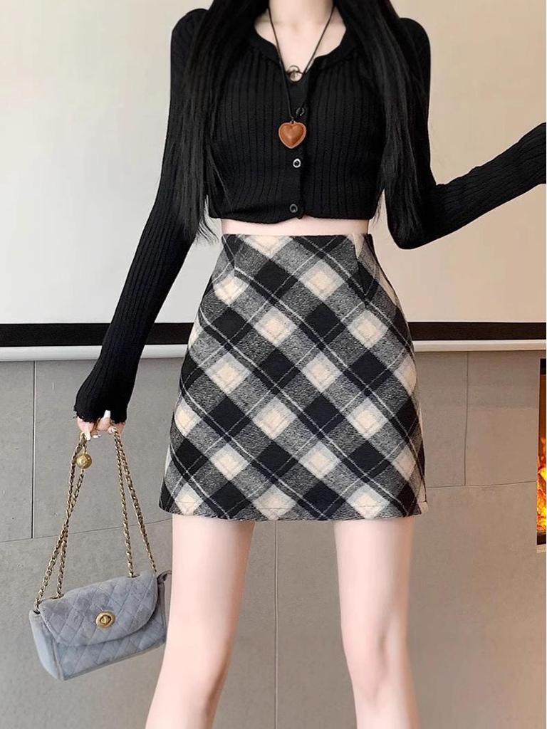 Korean Style Retro Plaid High-Waist Wool A-Line Skirt for Women - 2024 Autumn/Winter Collection