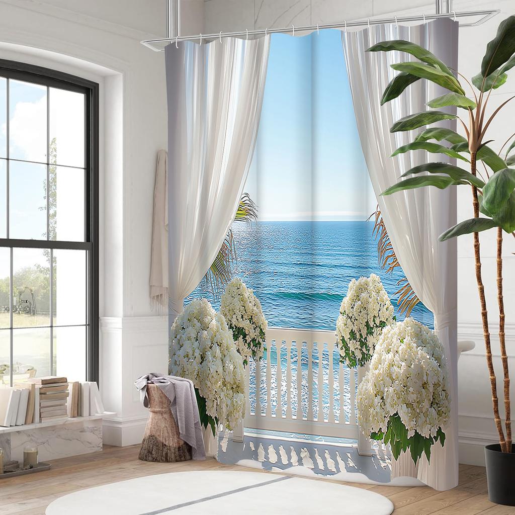 Widoki morza i kwiaty Zasłona kąpielowa Zasłona prysznicowa do łazienki Wodoodporna Z 12 haczykami Dekoracja domu Darmowa wysyłka