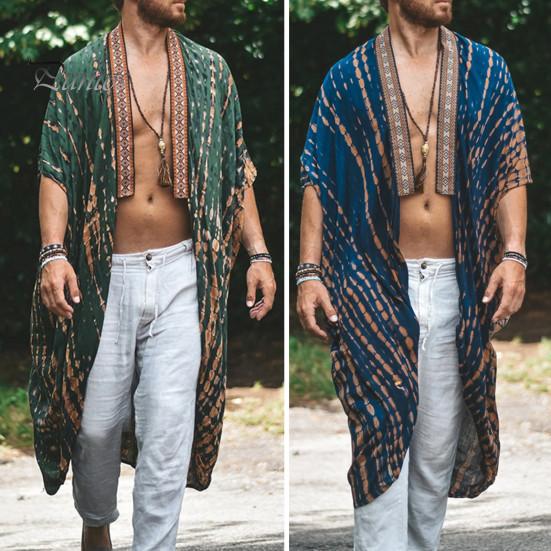 Men Beach Coat Retro Style Mid-Length Loose Fit Printing Sun Protection Jacket Open Front Long Outwear