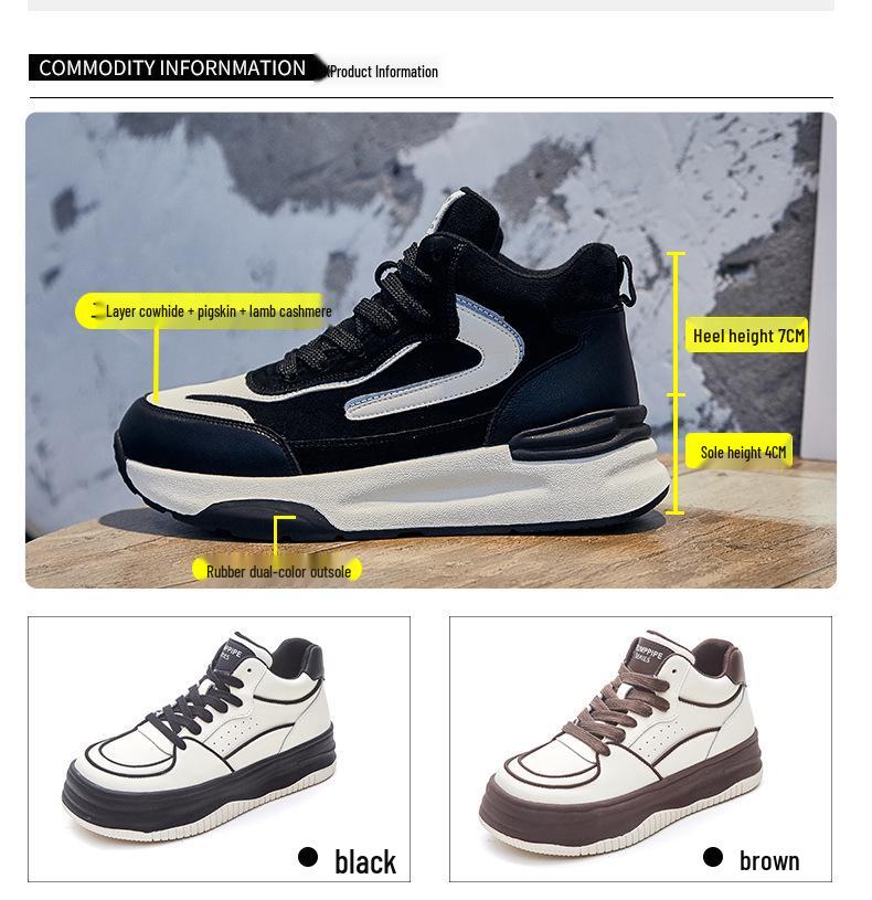 Spring/Summer 2025 Women's Colorblock Genuine Leather High-Top Sneakers - Thick Sole, Fleece-Lined, Casual Lace-Up in Trend