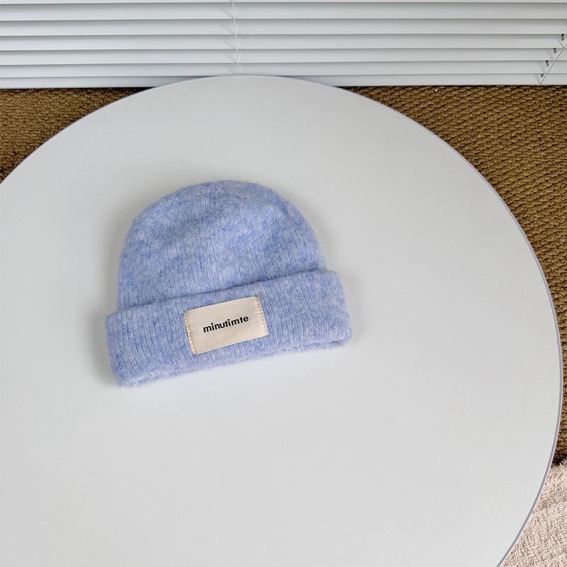 

Autumn and Winter Korean Style Versatile Children s Knitted Woolen Cap with Personalized English Cloth Label Double Layer Dome Warm Ear Protection Hat one size