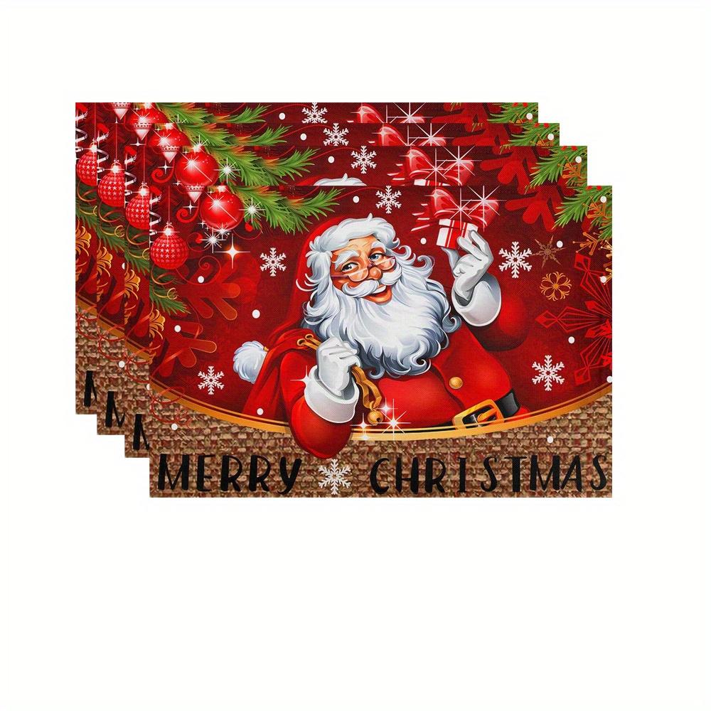Of 4/6 Snowflake-Themed Christmas Table Mats Featuring a Red Santa Claus Design, Perfect for Decorating Your Dining Table During Festive Gatherings
