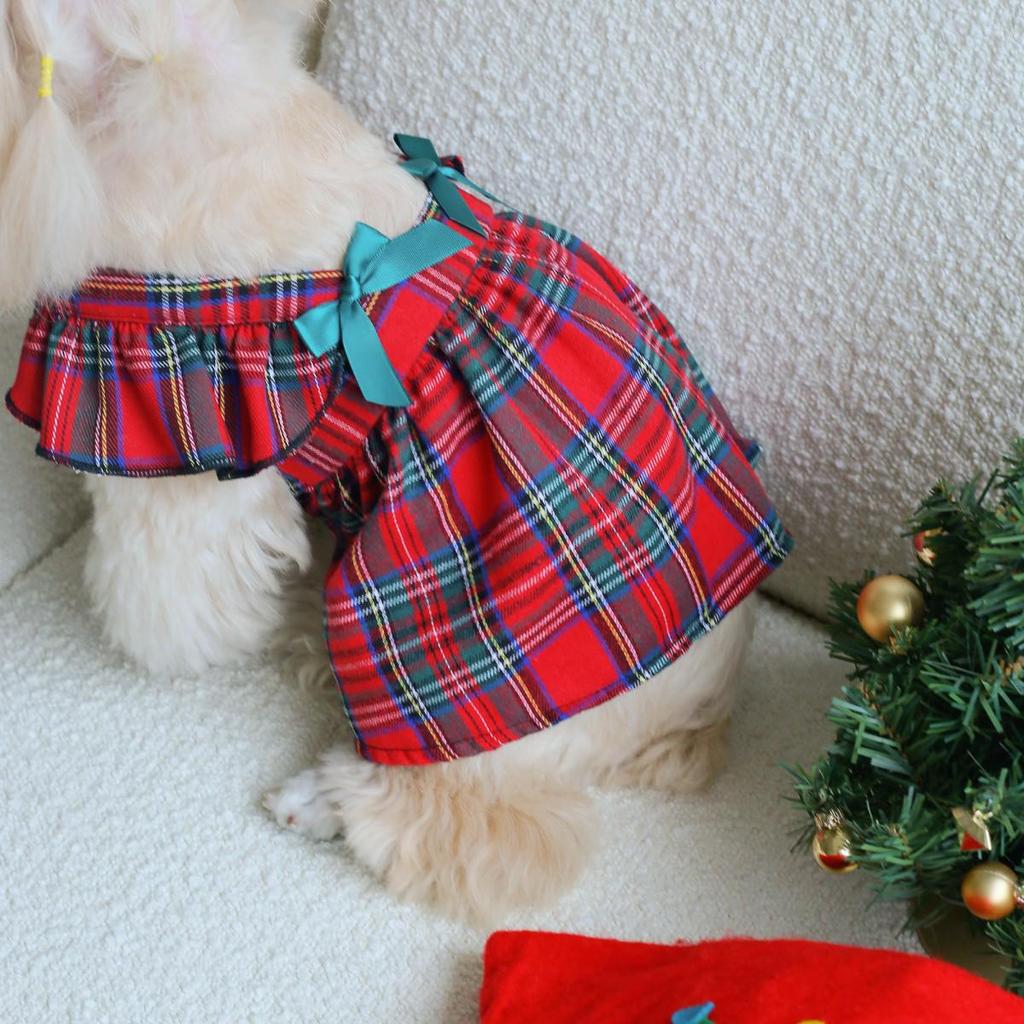 Pet Christmas Dresses: Cute Bowknot Plaid Overalls for Dogs and Cats
