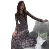 French Sexy Lazy Style Plaid Long-sleeved Dress Women's Autumn New Temperament Waist and Thin Elegant Medium and Long Dress