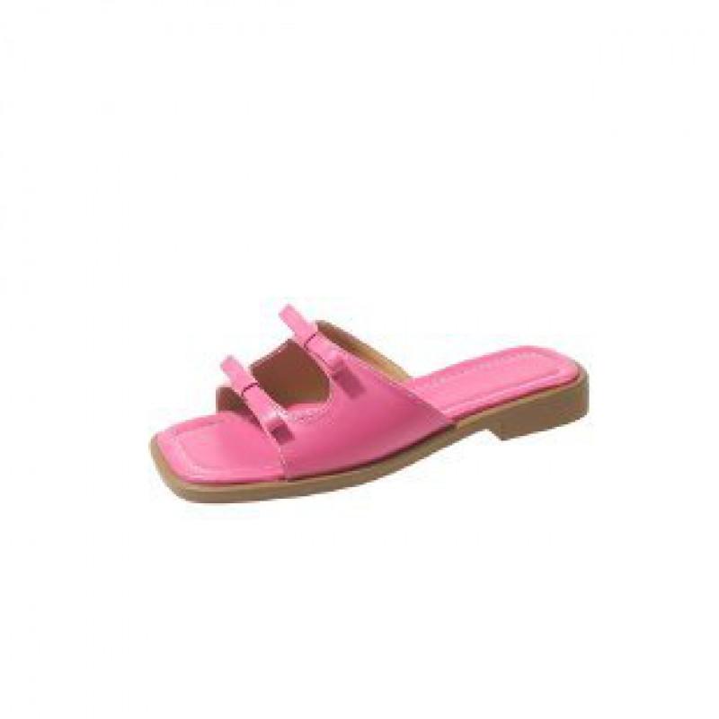 Womens Flat Slide Sandals With Bow Detail Square Toe PU Upper Rubber Sole Casual Shoes