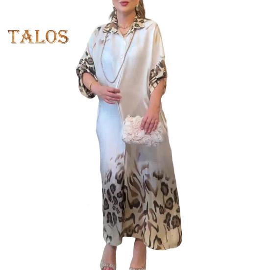 Lady Spring Maxi Dress Lapel Leopard Print Long Sleeves with Cufflink Loose Single-breasted Vintage High Waist Casual Daily Dress