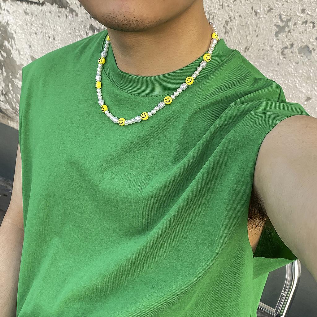 Boho Handmade Beaded Smiling Face Pearl Collar Clavicle Chain Fashion Imitation Pearl Necklace for Men Women Korean Jewelry