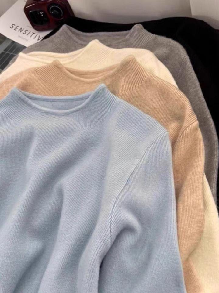 Women's Slim-Fit Semi-High Neck Knit Long-Sleeve Top for Autumn and Winter