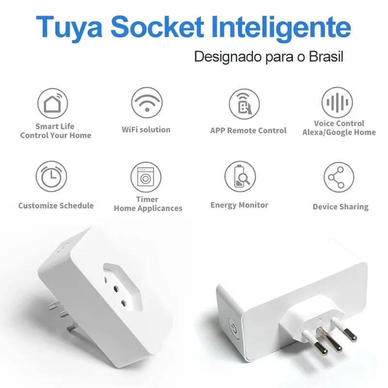 Tuya 16A Smart Life APP Remote Compatible Smart Socket Brazil Standard WiFi Smart Plug Voice Work for Google Home Alexa
