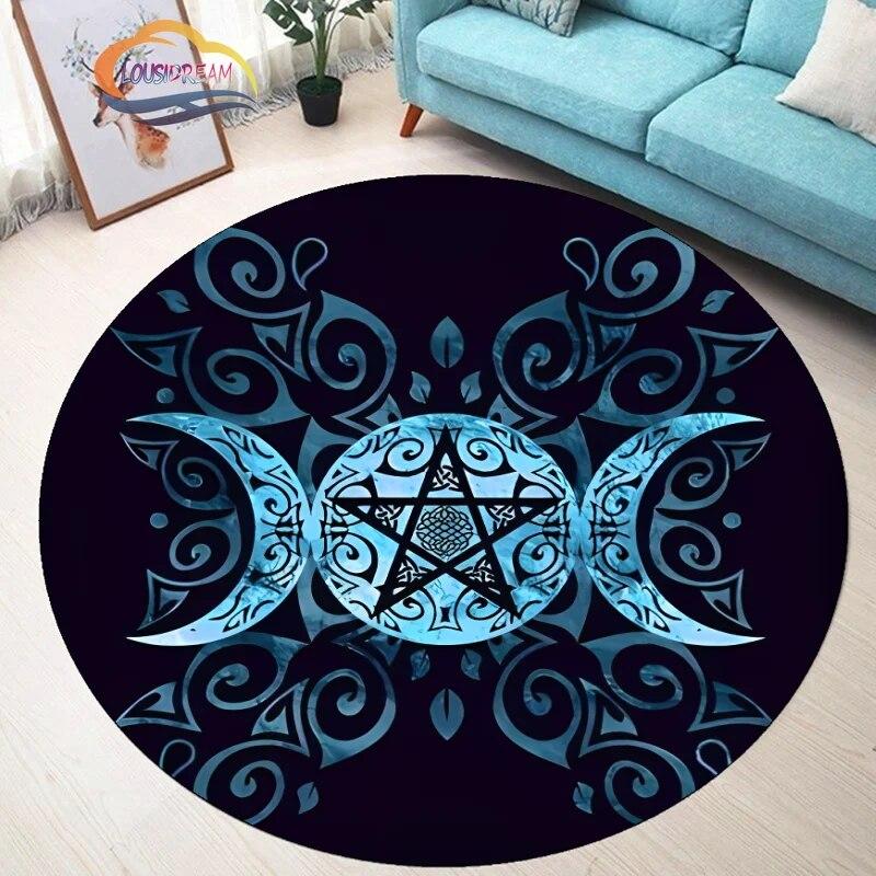 Pentagram Carpet Moon Satanic Round Rug Skull &  , Wicca  White  On Black  Goth Home Decor Chair Mats