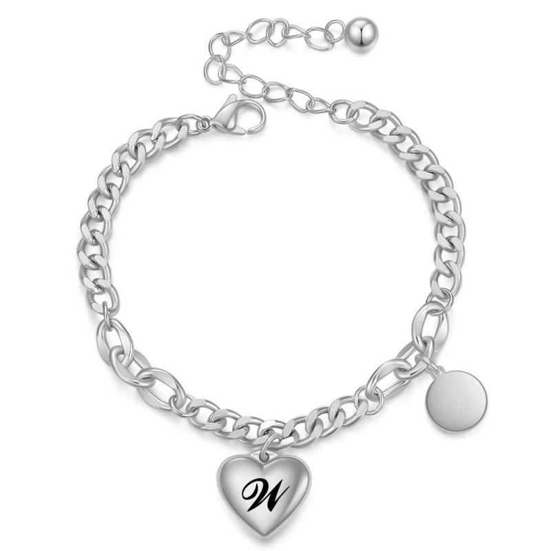 Edelstahl Cuban Link Armband mit graviertem Herz-Anhänger Buchstaben-Buchstaben-Scheibe Damen