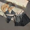Stripes 3 in 1 Swimwear Set Lace Up Knitting Swimsuit Casual Bikini Bathing Suit  Beach