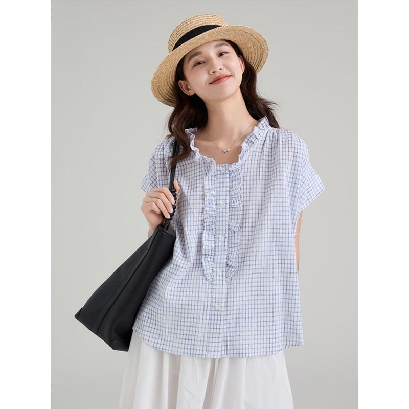 Women's Summer New Plaid Short Sleeve Shirt Casual Loose Ruffle Collar Blouse