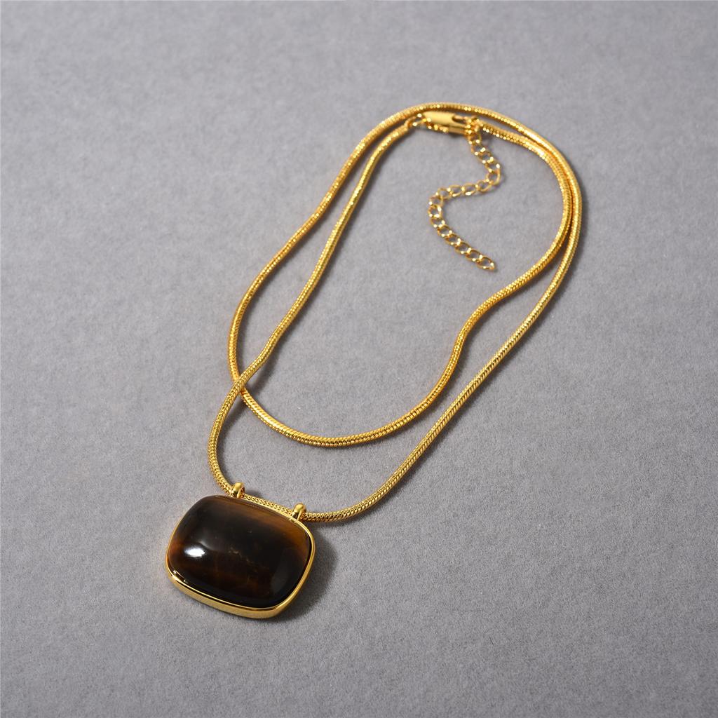 Retro Tiger'S Eye Stone Square Pendant Collarbone Chain Fashionable Commuting Must Enter Simple Temperament Versatile Necklace